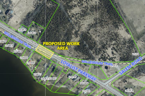 Map showing the proposed work area along the Loyalist Parkway