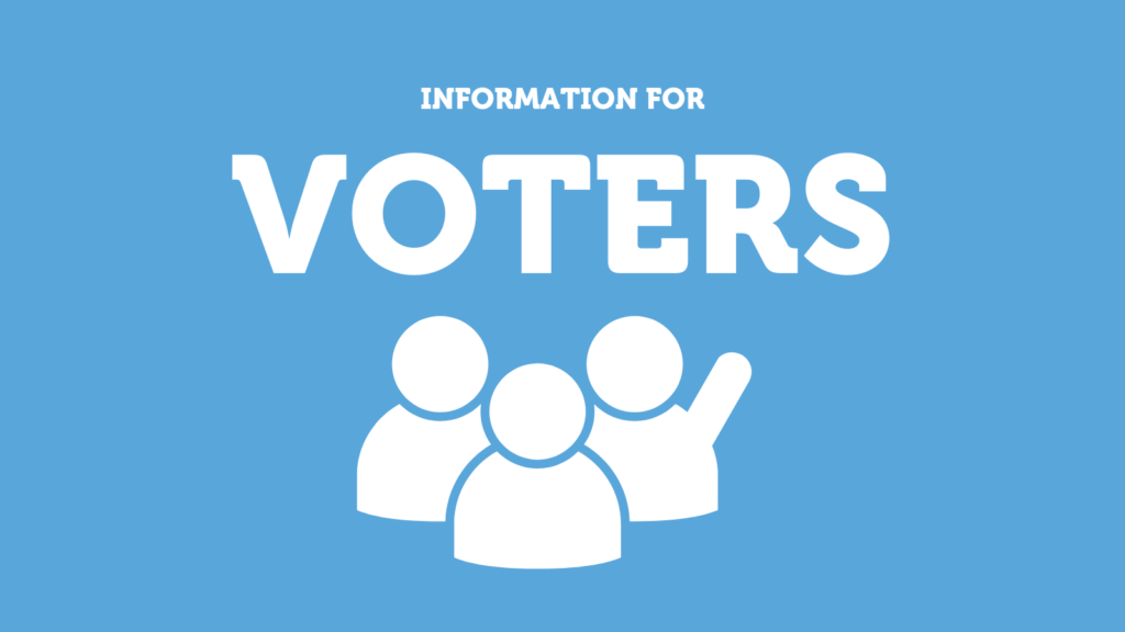 Graphic of three human silhouettes, one with their arm raised, against a blue background. Text on image says Information for Voters.