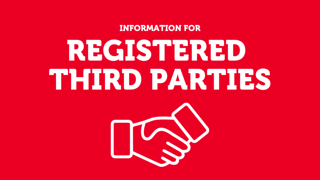 Image of hands locked in a handshake on a red background. Text on image says Information for Registered Third Parties