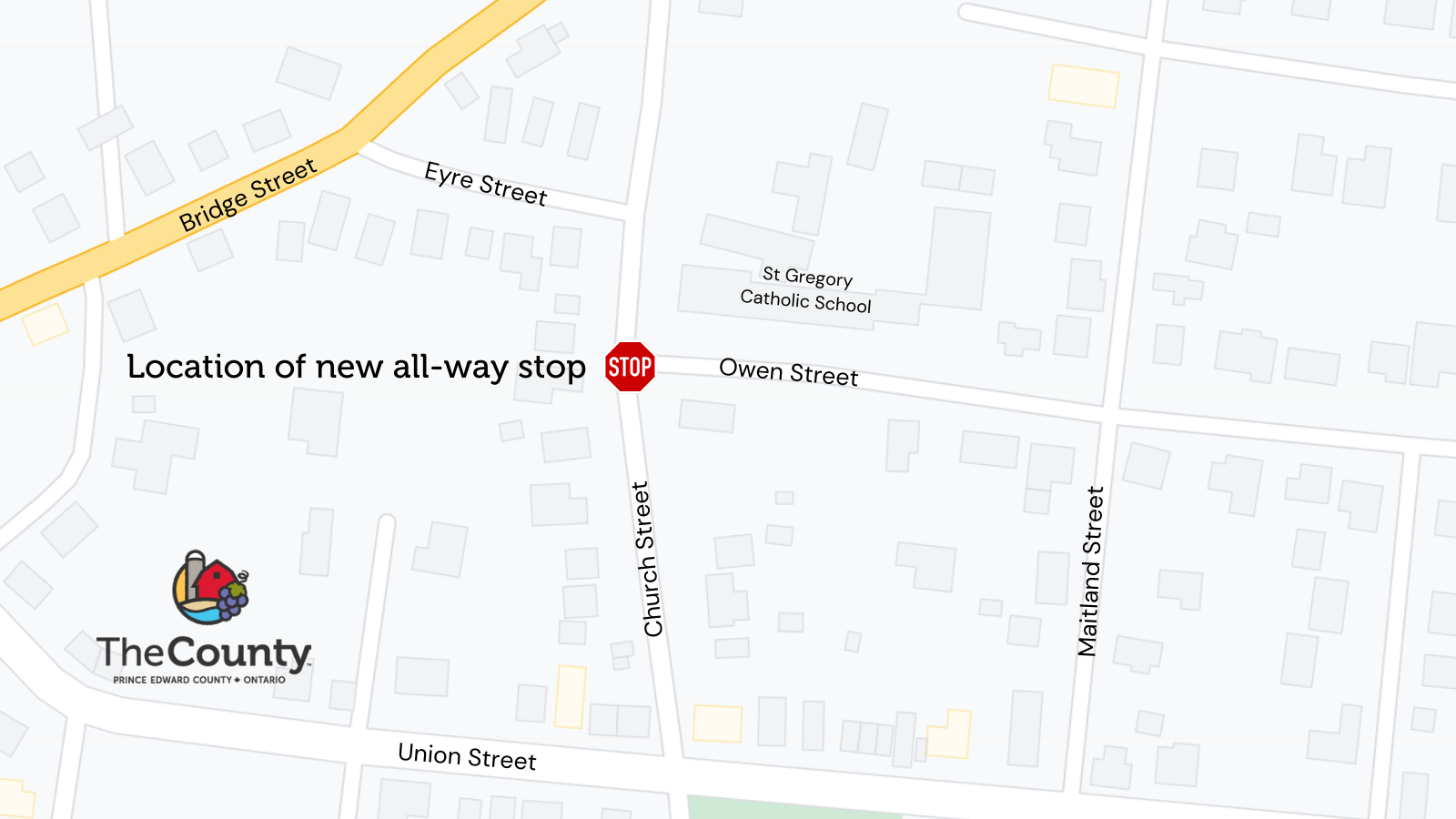 Map of the area around the intersection of Church and Owen Streets depicting the location of the all-way stop.