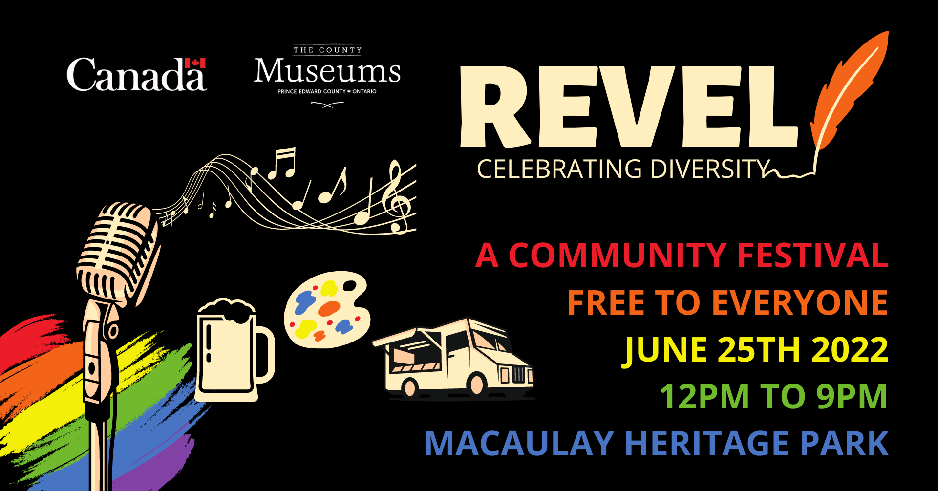Promotional graphic for Revel with illustrations of a microphone, beer stein, art supplies, food truck and rainbow on it.